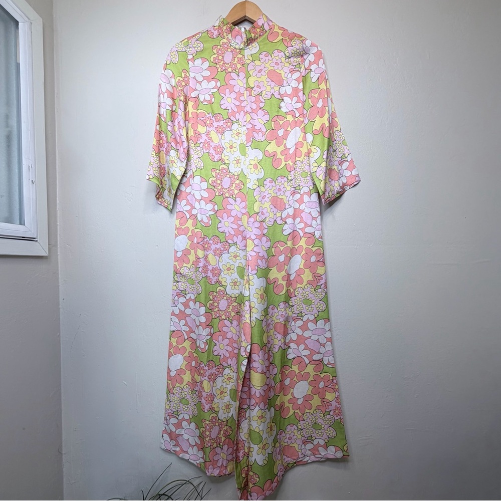 J. Peterman Psychedelic Floral Print Mandarin Collar Wide Leg Retro Mod Jumpsuit - Picture 3 of 16